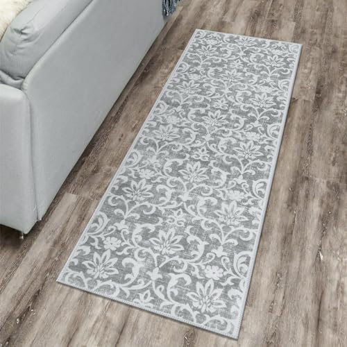 Morebes Vintage Kitchen Runner Rugs Non Skid Washable,Non-Slip Grey Runner Rugs for Hallway 2x6, Distressed Floral Entryway Rug Indoor Soft Kitchen Mat for Bedroom Laundry Room,Gray