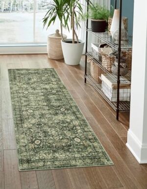 Morebes Vintage Washable Kitchen Rugs Non Slip,2x6 Runners for Hallways,Floral Boho Bathroom Runner Rug,Non Shedding Soft Throw Carpet for Entryway Laundry Floor Indoor, Green