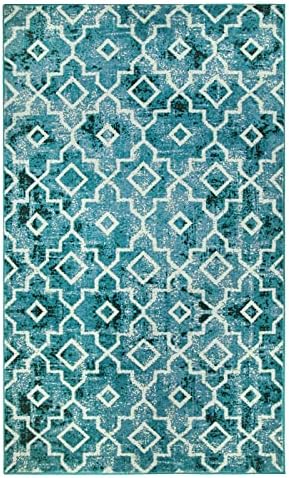 Moynesa Moroccan Washable Area Rug 3x5, Teal Modern Non-Slip Throw Mat for Kitchen with Rubber Backing, Faux Wool Low-Pile Floor Carpet for Entryway Bedroom Laundry Living Room