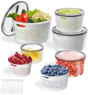 MsPrLs Fruit Storage Containers for Fridge 5 Pack | Round Produce Storage Containers for Refrigerator with Removable Colander & Handle | Keep Fruits Vegetables Fresh Longer | Portable and Stackable