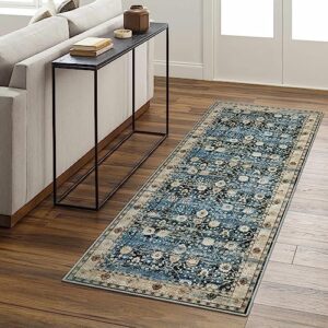 Nailttos Boho Washable Runner Rug,2x5 Non-Slip Blue Vintage Floral Print Hallway Runner Rug, Low-Pile Kitchen Runner Rug Washable Thin Throw Rugs for Bedroom Bathroom Laundry Room