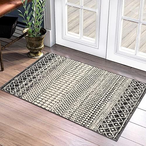 Nailttos Moroccan Area Rug, 2x3 Black Distressed Entryway Rug Non-Slip Small Rug, Soft Low-Pile Washable Indoor Door Mat Floor Carpet for Entrance Bedroom Kitchen Bathroom