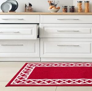 Nautica Runner Rug | Indoor Carpet for Entryway & Hallway Rug| Non-Slip and Non-Skid Entry and Kitchen Door Mat| Machine Washable Low Profile Floor Mat | 26" x 45"| Trellis Border Red and White