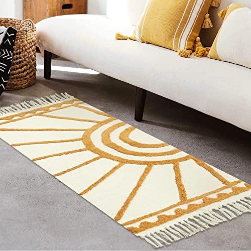 OJIA Washable Runner Rugs 2'X5', Tufted Laundry Room Rug Runner Kitchen Rugs, Cotton Hand-Woven Boho Rugs for Bedroom Bathroom Rugs Throw Rug with Tassels Farmhouse Floor Mat for Entryway/Hallway