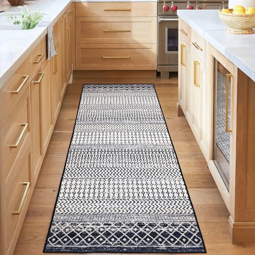 Othilic Boho Runner Rug, 2x6 Kitchen Rugs Non Slip Washable, Black White Moroccan Hallway Rug Runner, Distressed Farmhouse Carpet Runner Rugs for Entryway Indoor Bedroom Bathroom Laundry Room