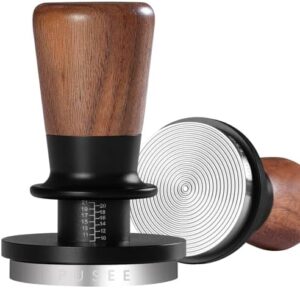 PUSEE 53.3mm Espresso Tamper, Calibrated Tamper with 30lbs Double Spring Loaded Tamper Walnut Wood Coffee Tamper for Barista Home,Stainless Steel Base Tamper Espresso Tool Fits 54mm Portafilters