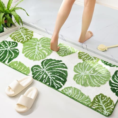 Panstar Green Leaf Bathroom Runner Rug, Monstera Plant Long Bath Mat Non Slip Absorbent Kitchen Bathroom Plush Fun Aesthetic Rugs Machine Washable 20"X50"