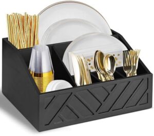 Paper Plate Dispenser, Paper Plate Holder for Kitchen Counter, Wood Rustic Silverware Utensil Caddy, Cutlery Flatware Organizer Box for Cups Spoons Forks Plates Napkins, Kitchen Accessories (Black)