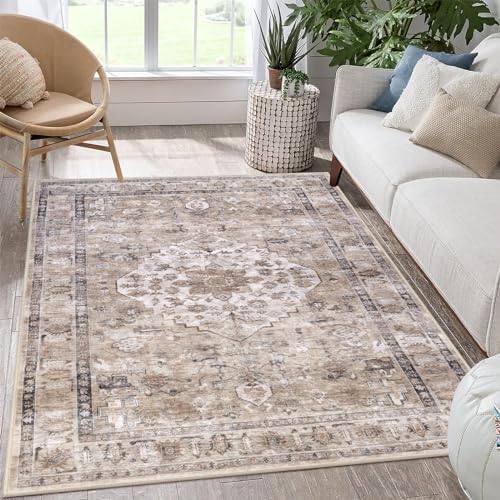 Pauwer Boho Area Rug 3x5, Machine Washable Area Rugs for Living Room, Soft Bedroom Throw Area Rug with Non Slip Rubber Backing, Farmhouse Vintage Area Rug Carpet for Entryway Dorm Kitchen, Beige