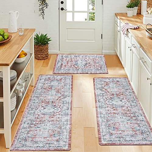 Pauwer Farmhouse Kitchen Rugs Set of 3 Boho Kitchen Mats for Floor Waterproof Non Skid Washable Kitchen Carpet Runner Rugs for Kitchen Laundry Room Entryway