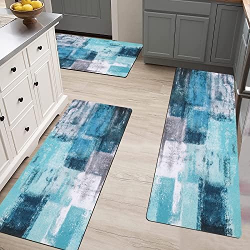 Pauwer Kitchen Area Rug Sets 3 Piece with Runner Farmhouse Waterproof Non Skid Washable Cushioned Floor Mat for Hallway Kitchen Laundry Room, Turquoise