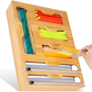 PeeToos Bag Storage Organizer Bamboo - 6 in 1 Wrap Dispenser with Cutter, Suitable for Gallon, Quart, Sandwich & Snack Bag, Cling Film, Aluminum Foil etc; Compatible with 12" Kitchen Rolls (Bambooo)