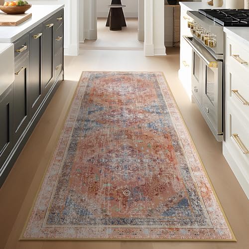 Phantoscope Hallway Runner Rug 2'x6' - Boho Washable Non-Slip Kitchen Rug Runner, Ultra-Thin Vintage Distressed Accent Throw Rug for Entryway Laundry Bathroom Bedroom, Rust/Multi