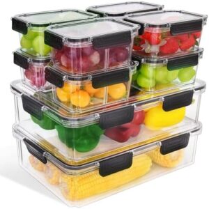 Pomeat 10 Pcs Stackable Fridge Organizer Bins Airtight Divided Serving Tray with Lid Vegetable Fruit Container for Refrigerator Organizer Bins Produce Salad Storage Snackle Box Containers Veggie Tray