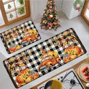 Pumpkin Kitchen Rug Set of 2,Orange Kitchen Rugs and Mats,Seasonal Fall Holiday Party Vintage Farmhouse Buffalo Plaid Anti Fatigue Kitchen Mat,Non Slip Standing Mats for Home Decor,17"x 27"+17"x 47"