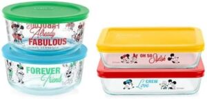 Pyrex 8-Pc Glass Food Storage Container Set, 4-Cup & 3-Cup Decorated Round Meal and Rectangle Prep Containers, Non-Toxic, BPA-Free Lids, Disney Mickey & Friends