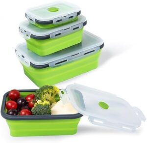 RJ.Proi 4 Pieces Collapsible Food Storage Containers, Foldable Silicone Lunch Box with Airtight Lids, Stackable Meal Prep Containers for Kitchen and Travel, Microwave & Freezer Safe, Green…