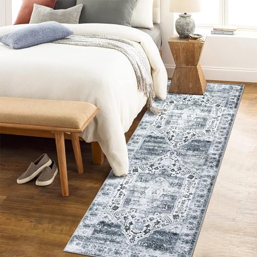 RUGSREAL Runner Rug 2x10 Grey Vintage Floral Print Hallway Rug Indoor Floor Foldable Rug Distressed Carpet Thin Rug Chenille Mat for Kitchen Bedroom, Grey, 2 x 10