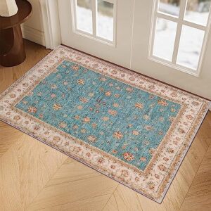 RUGxDJ Boho Small Area Rug Persian 2x3 Entryway Rugs Indoor Throw Rug with Rubber Backing Washable Kitchen Rug Non Slip Floral Accent Doormat Thin Iranian Carpet for Bedroom Bathroom Laundry Teal Blue