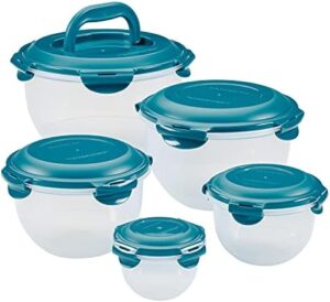 Rachael Ray Leak-Proof Nestable Container Food Storage Bin Set, 10-Piece, Clear with Teal Lids