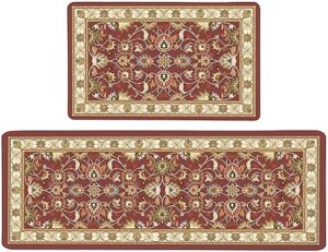 Red Boho Kitchen Rugs Sets of 2, Non Slip Rubber Kitchen Mats for Floor Waterproof Kitchen Rugs and Mats, Farmhouse Kitchen Area Rug Floor Carpet Runner Rugs for Hallway Laundry Room