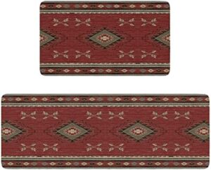 Red Western Kitchen Rugs and Mats Set of 2,Farmhouse Boho Style Rustic Kitchen Mat for Floor, Non-Slip Washable Kitchen Sink Mats Holiday Kitchen Decor Doormat(17x30Inch)+Runner Rug(17x47 Inch)