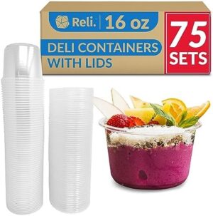 Reli. Deli Containers with Lids (75 Sets), 16 oz | Plastic Deli Containers with Lids 16oz | Clear Soup Containers with Lids, Disposable | To Go Food Storage Containers | Microwave & Freezer Safe