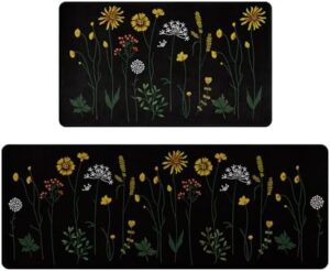 Rempry Colorful Floral Kitchen Mat for Floor, Non Slip Kitchen Rugs and Mat Set of 2, Waterproof Cushioned Anti Fatigue Kitchen Mat, 17"x47"+17"x29", Black