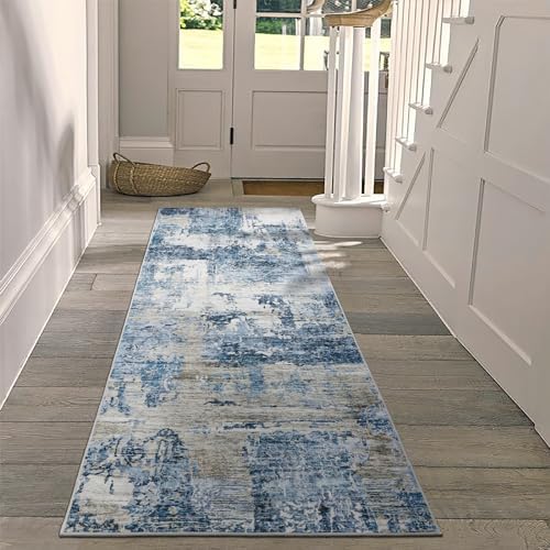 Restydon Runner Rugs for Hallway 2x8, Ultra-Thin Washable Runner Rug,Anti Slip Backing & Stain Resistant Rugs,Modern Abstract Hallway Runner Rug for Entryway, Kitchen,Laundry Room (Navy,2'x8')