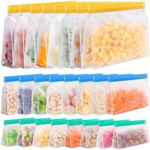 Reusable Food Storage Bags Stand Up, 24 Pack Reusable Freezer Lunch Bags, BPA-Free Reusable Gallon Bags, Leakproof Reusable Sandwich Bags Silicone (24Pack-8Large Bags+8Sandwich Bags+8Snack Bags)