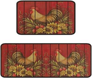 Rooster Kitchen Rugs and Mats Sets of 2,Red Farmhouse Kitchen Decoration Rugs,Rubber Backing Non-Slip Floor Mat for Sink Washable Waterproof Laundry Room Runner Rugs