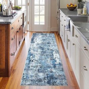 Rugcomf Runner Rug 2'6''x8' Hallway Rug Washable Boho Soft Area Rug Abstract Pattern Non-Slip Faux Wool Vintage Rug for Kitchen, Entryway, Laundry, Bedroom, Blue