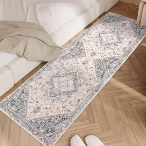 Runner Rug Indoor Hallway Runner Rug Washable Kitchen Runner Rugs with Rubber Backing 2'x6' Soft Faux Wool Distressed Vintage Rug for Entryway, Kitchen, Laundry and Living Room Decor(Rust/Blue)