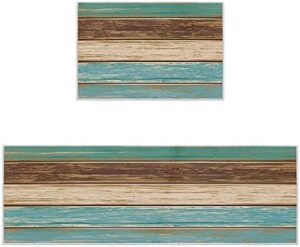 Rustic Teal Kitchen Rugs and Mats, Farmhouse Wood Board Turquoise Washable Runner Rug Non-Skid Carpet Area Mat for Kitchen, Non-Slip Beach Indoor Rubber Backing Accent Throw Low Pile Floor Doormat