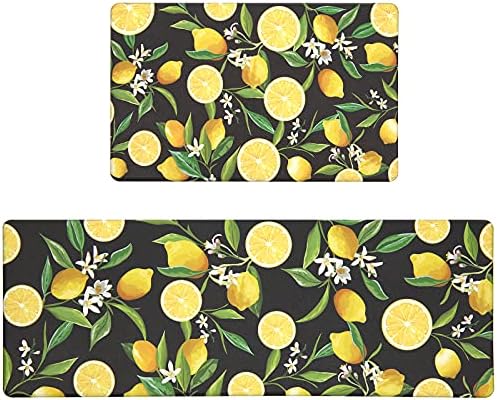 SHACOS Lemon Kitchen Rugs Mats 2 Pieces Anti Fatigue Rug Runner Set Non Slip Soft Cushioned Standing Mat Wipe Clean Floor Mat, 17"x27.5"+17"x47",Black