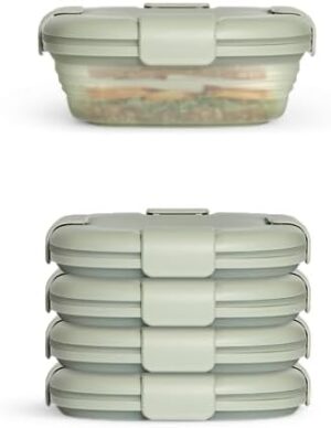 STOJO Collapsible Sandwich Box 5 Set- Translucent Sage, 24oz - Reusable Food Storage Container - To-Go Travel Silicone Bowl for Hot and Cold Food - for Meal Prep, Lunch, Camping and Hiking