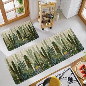 Safarsa Green Kitchen Rugs and Mats with Rubber Backing Non Skid Washable,2 Pieces Kitchen Mats for Floor Runner Rugs Standing Mat Set (17" Wx30 L+17" Wx 47" L Cactus)