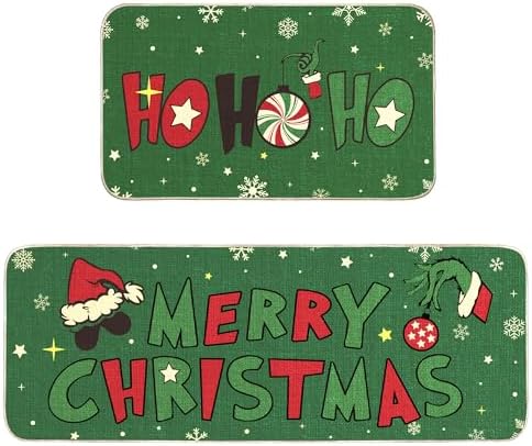 Sawowkuya Christmas Kitchen Rugs Decoration Set of 2,17x29 17x47 Inches Non Slip Absorbent Kitchen Rug Waterproof Christmas Runner Rugs for Xmas Home Kitchen Decor