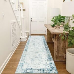 Seavish Vintage Hallway Runner Rug 2.5'x 8' Blue Distressed Washable Runner Rug with Rubber Backing Low Pile Entryway Rugs Indoor Floor Rug for Kitchen Bedroom Living Room Stairway