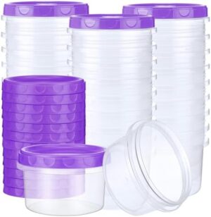 Sieral 36 Pack 8 oz/ 250 ml Reusable Small Plastic Freezer Storage Container Twist Top Deli Jars with Screw Lid for Food Round Wide Mouth Lunch Snacks Cup, Freezer Dishwasher Safe (Purple)