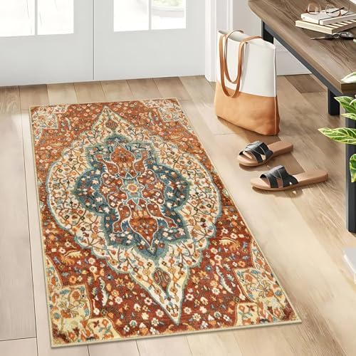 Sivilife Oriental Floral Washable Runner Rug for Kitchen, 2x4.3 Non Slip Low Pile Hallway Runner Rug, Soft Long Distressed Foldable Area Rug Boho Throw Rug for Bathroom Bedroom Laundry Room Entryway