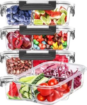 Skroam 5-Packs 36OZ Glass Airtight Food Storage Containers 3 Compartments, Glass Meal Prep Container Set with Lids for Pantry Kitchen Organizers and Storage, BPA Free Glass Lunch Boxes Bento