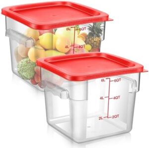 Suclain 2 Pieces Square Food Storage Containers Polycarbonate Clear Bucket Food Container with Red Lid Commercial Food Storage with Red Graduations for Commercial Kitchen Dough Marinating Meat(6 qt)