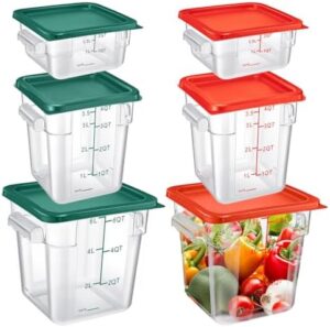 Suclain 6 Pcs Food Storage Container with Lids Set 2qt 4qt 6qt Square Clear Commercial Container with Scales Handles for Home Restaurant Kitchen Food Storage, Proof Dough, Marinating Meat (Red, Green)