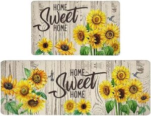 Sunflower Kitchen Mats 2Pcs Sunflowers Theme Farmhouse Decor Anti Fatigue Kitchen Rugs Vintage Rubber Backing Kitchen Rug and Mat Set for Kitchen Sink Laundry Room Office, 17.3" x28" + 17.3" x 47"