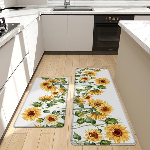 Sunflower Kitchen Rugs Sets of 2 Anti Fatigue Kitchen Mat Memory Foam Cushioned Comfort Kitchen Mats for Floor Farmhouse Decor Non Slip Washable Kitchen Rug Runner for Sink, Laundry, 17.3x28+17.3x47