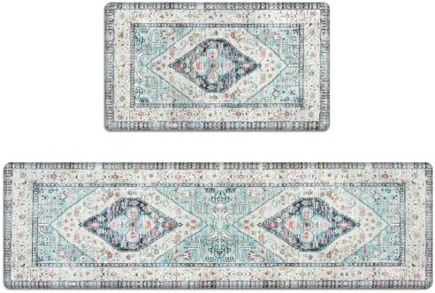 Sungea Farmhouse Kitchen Mat 2 PCS, Cushioned Anti Fatigue Kitchen Rug, Non-Slip Waterproof Standing Mat PVC Farmhouse Comfort Foam Rug for Kitchen Sink,Hmoe,Office,Laundry(Blue)