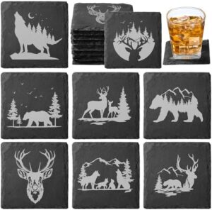 Suttmin Slate Drink Coasters 4 Inch Funny Stone Cup Coasters Laser Engraving Pattern Coffee Bar Coasters with Anti Scratch Bottom for Kitchen Decor Home Christmas Housewarming Gift(Forest, 16 Pcs)