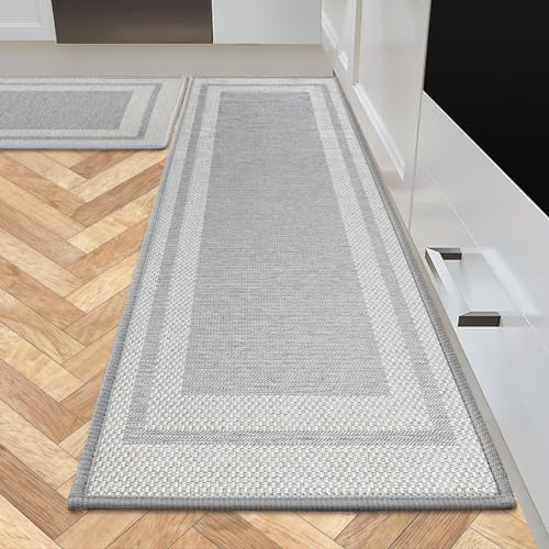 T TRIPLOG Kitchen Rugs Sets of 2, Rubber Non Slip Washable Kitchen Floor Mats Cushioned Anti Fatigue, Non Skid Kitchen Rugs and Mats for Floor, Decor, Sink, Bathroom, Porch 17.3"x30"+17.3"x47"(Grey)