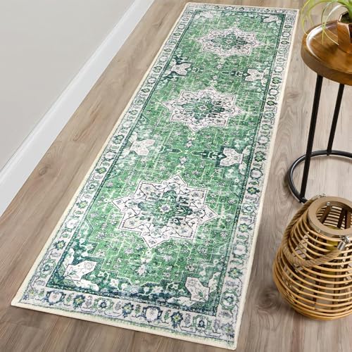 TANVILL Boho Green Runner Rug 2x6 Washable Runner Rug for Entryway Hallway Kitchen Bathroom Laundry Room Soft Non Slip Runner Rugs